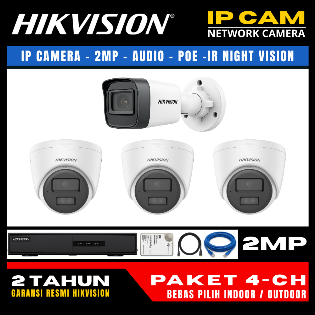 paket cctv hikvision ip camera 2mp audio 4 channel 4 kamera ip camera cctv