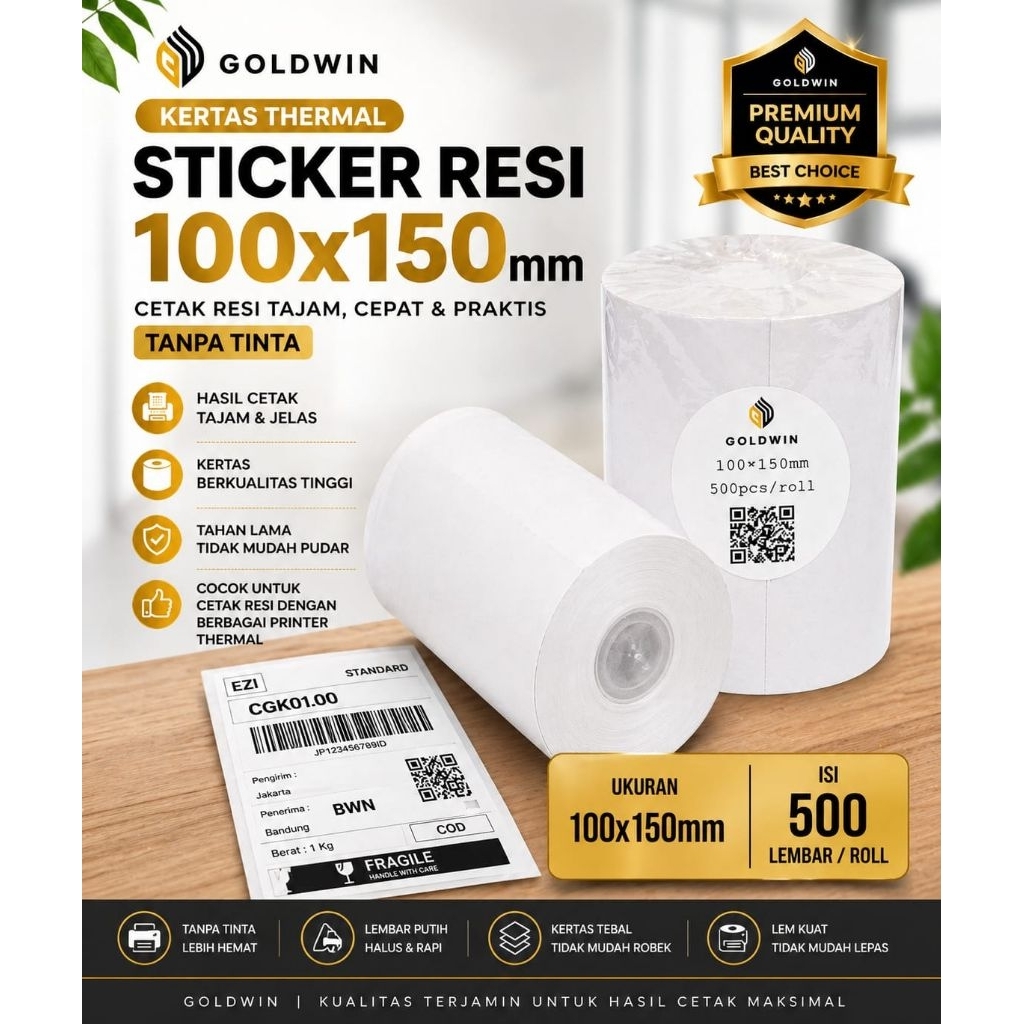 Kertas Thermal Goldwin - Sticker Resi - Label Sticker Thermal - Label Resi GOlDWIN Roll 100 x 150mm