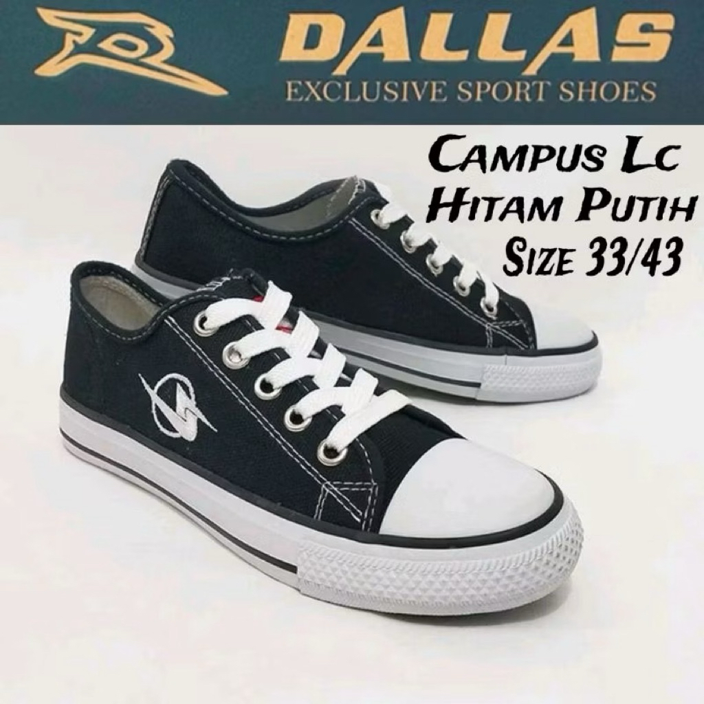 Sepatu Dallas Campus LC Low Pendek Warna Hitam Putih Black White Exclusive Sport Shoes Original