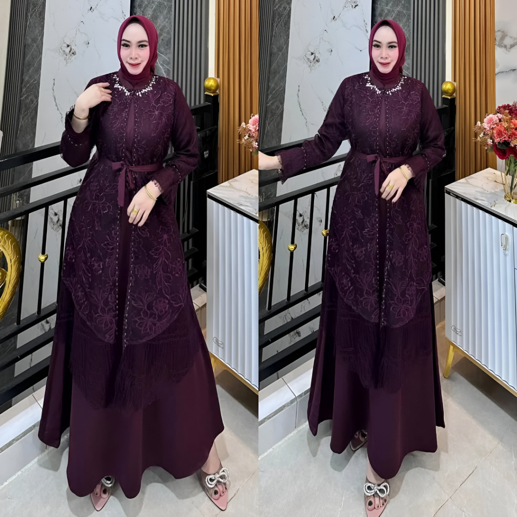 Gamis Simple Elegan CEISYA DRESS Velvet mix tulle kombinasi brokat chantily aplikasi payet Mewah Kon