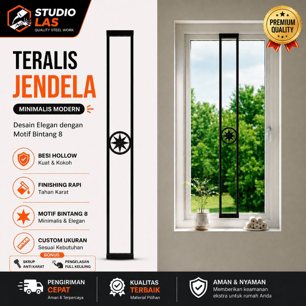 Teralis Jendela Minimalis Modern Besi Hollow Motif Bintang 8 Anti Karat Custom Ukuran Kuat & Kokoh