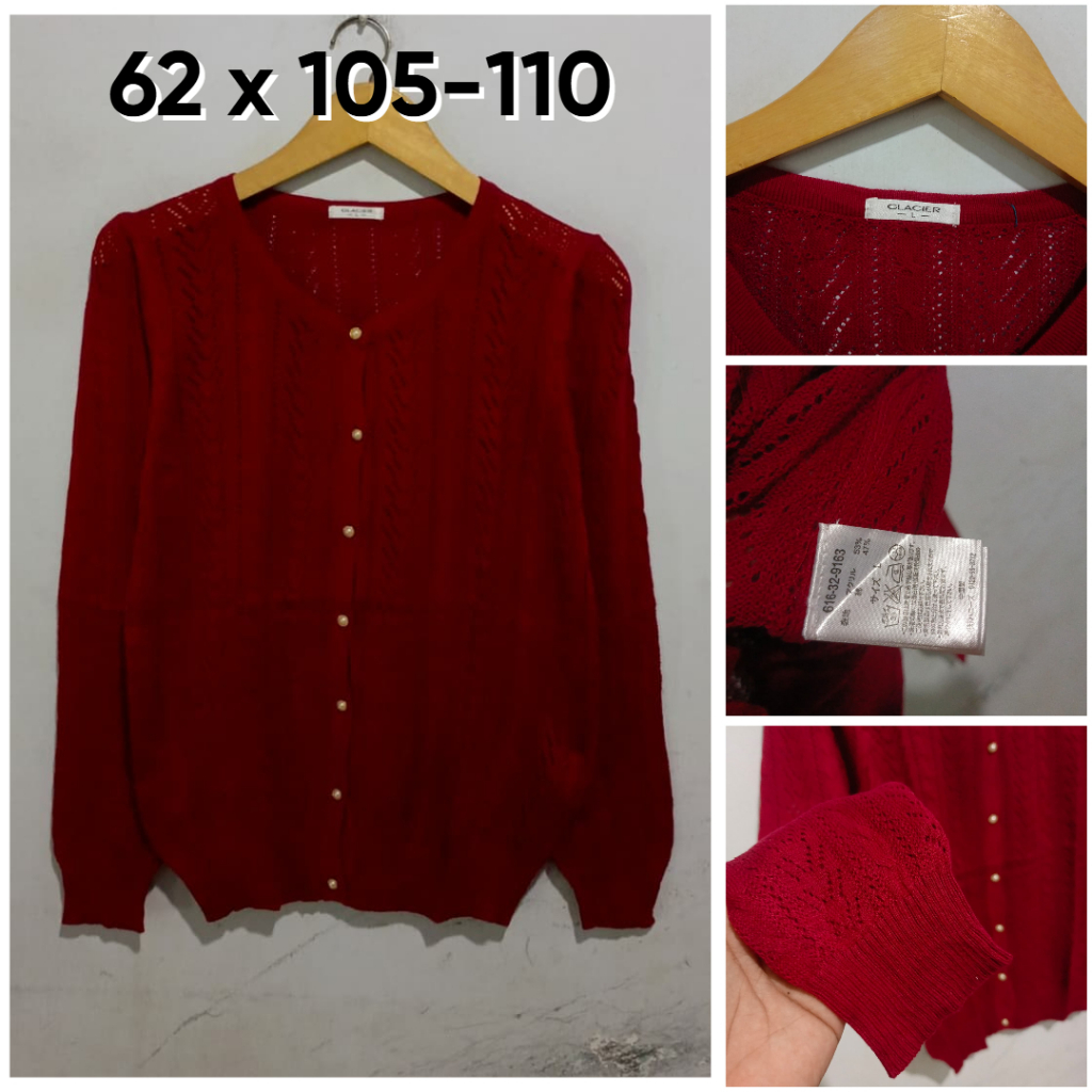 Cardigan Glacier Merah Model Jaring O Neck Size L Wanita Cardi Outer Knit E156