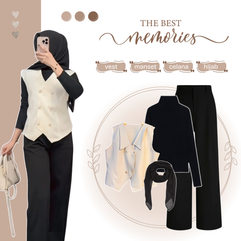 One Set Outfit Cewek | Vest + Manset + Celana + Hijab Bella | Satu Set Outfit Wanita - EO66N