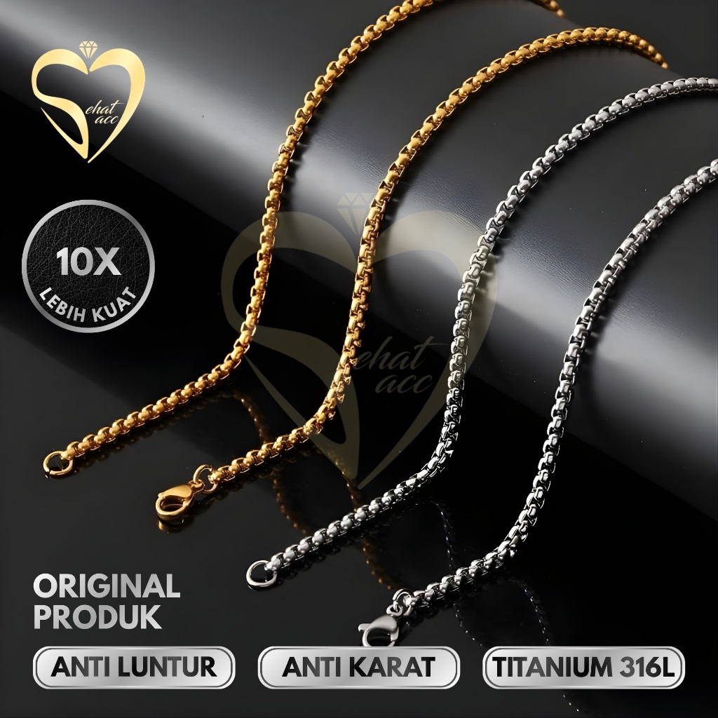 Kalung Rantai MCI Titanium Rolo Anti Karat Anti Luntur Pria Wanita Silver Hitam Gold Emas Kesehatan