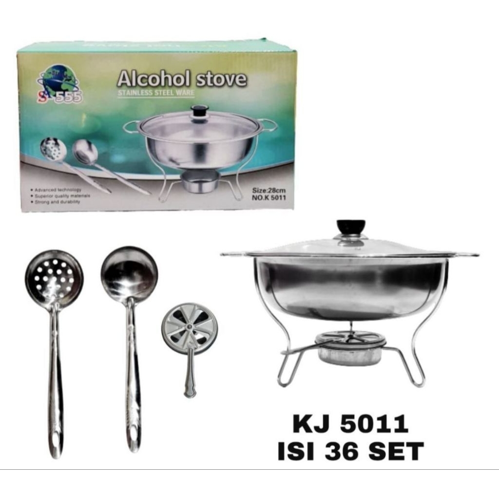 Wadah Saji Bowl Spirtus Penghangat Prasmanan Stainless Tutup Kaca Free Sendok Sayur