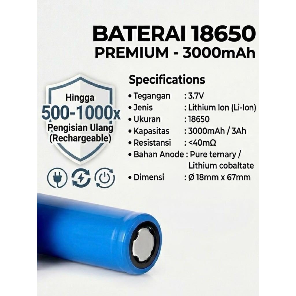 Baterai Baterai Cas 18650 3.7 Volt Kapasitas 3000mAh