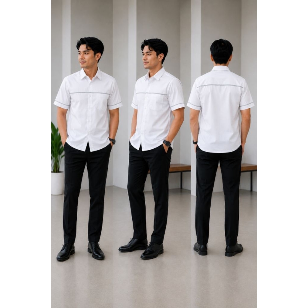 Kemeja Seragam Kerja Unisex Modern Putih, merah ,oren lis“Scotlight Formal Casual Kekinian