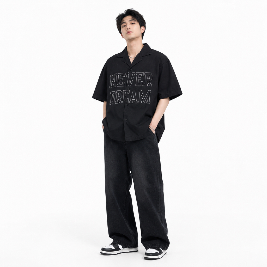 DREAM STORY - Kemeja Lengan Pendek Never Dream Hitam Hem Pria