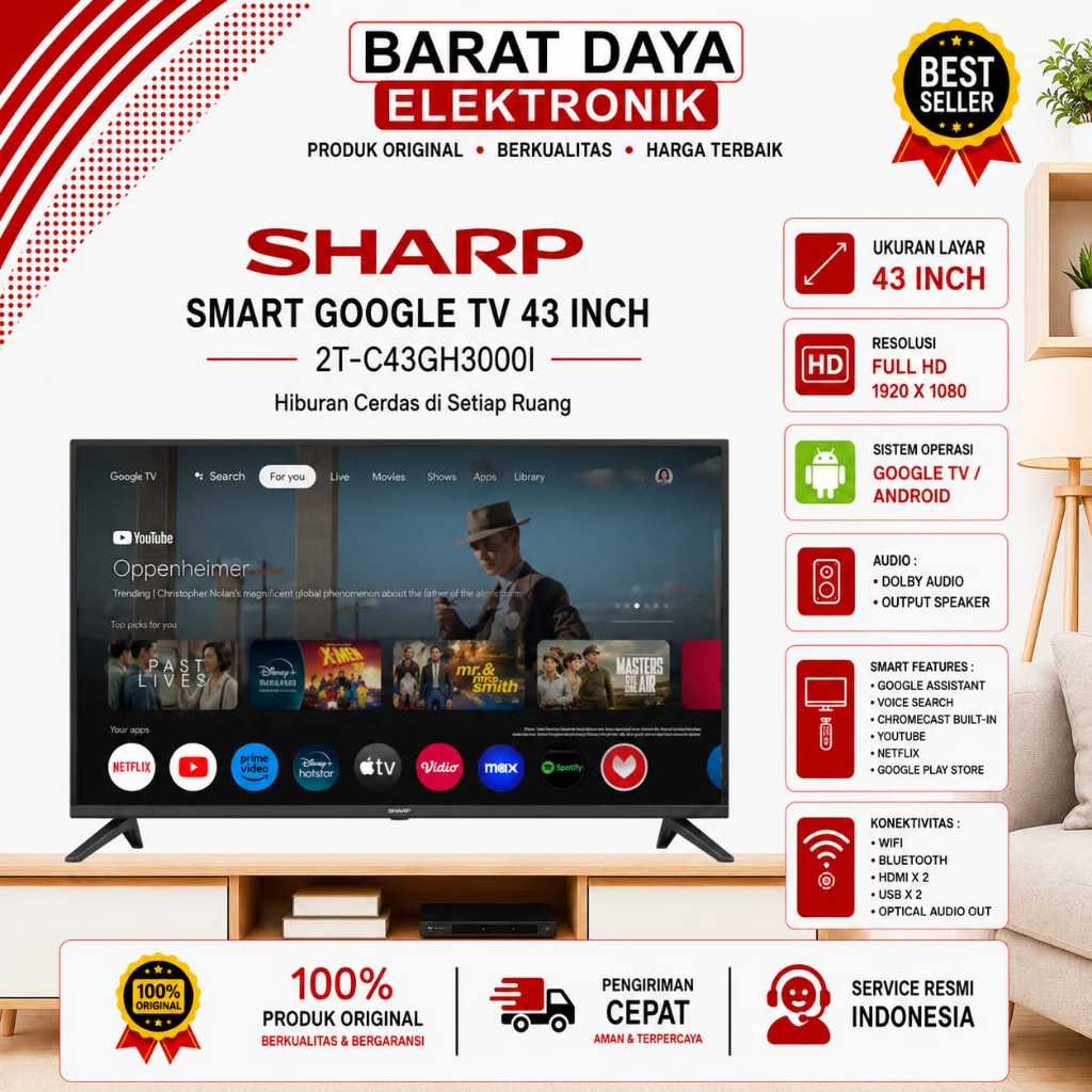 SHARP LED TV 43 INCH ANDROID SMART DIGITAL SHARP 2K GOOGLE TV 2T-C43GH3000I