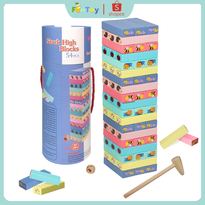 FUNTOY Mainan Anak Kayu Edukatif Jenga Hewan Berwarna-warni Jenga Keseimbangan Permainan Meja Intera