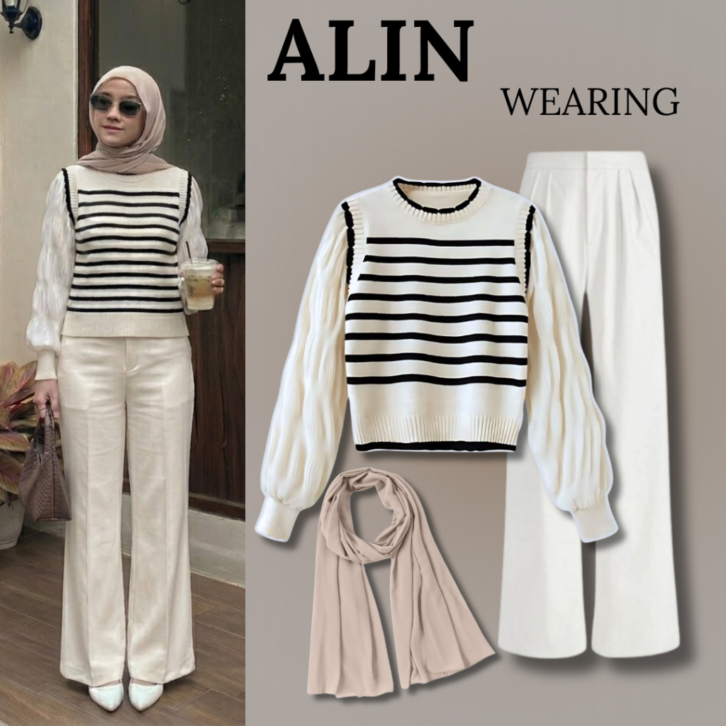 One Set 3in1 Hijab OOTD Kekinian - Baju Setelan Wanita Kekinian Aesthetic Pashmina- Sweater Rajut - 