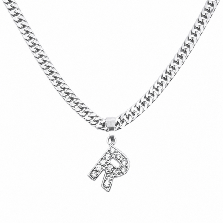 Kalung Titanium Inisial Huruf A-Z Anti karat Motif Rantai Silver Tidak Luntur Wanita Pria
