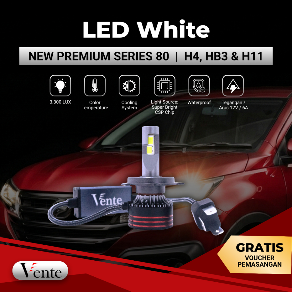 VENTE Lampu LED White New Premium Series 80 H4 H11 HB3 6000K 3300 LUX Super Bright Fan Cooling