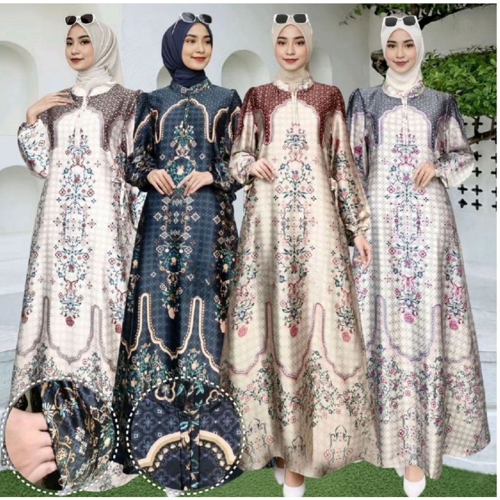 Gamis Silk Premium Motif Mahera Mewah Terbaru