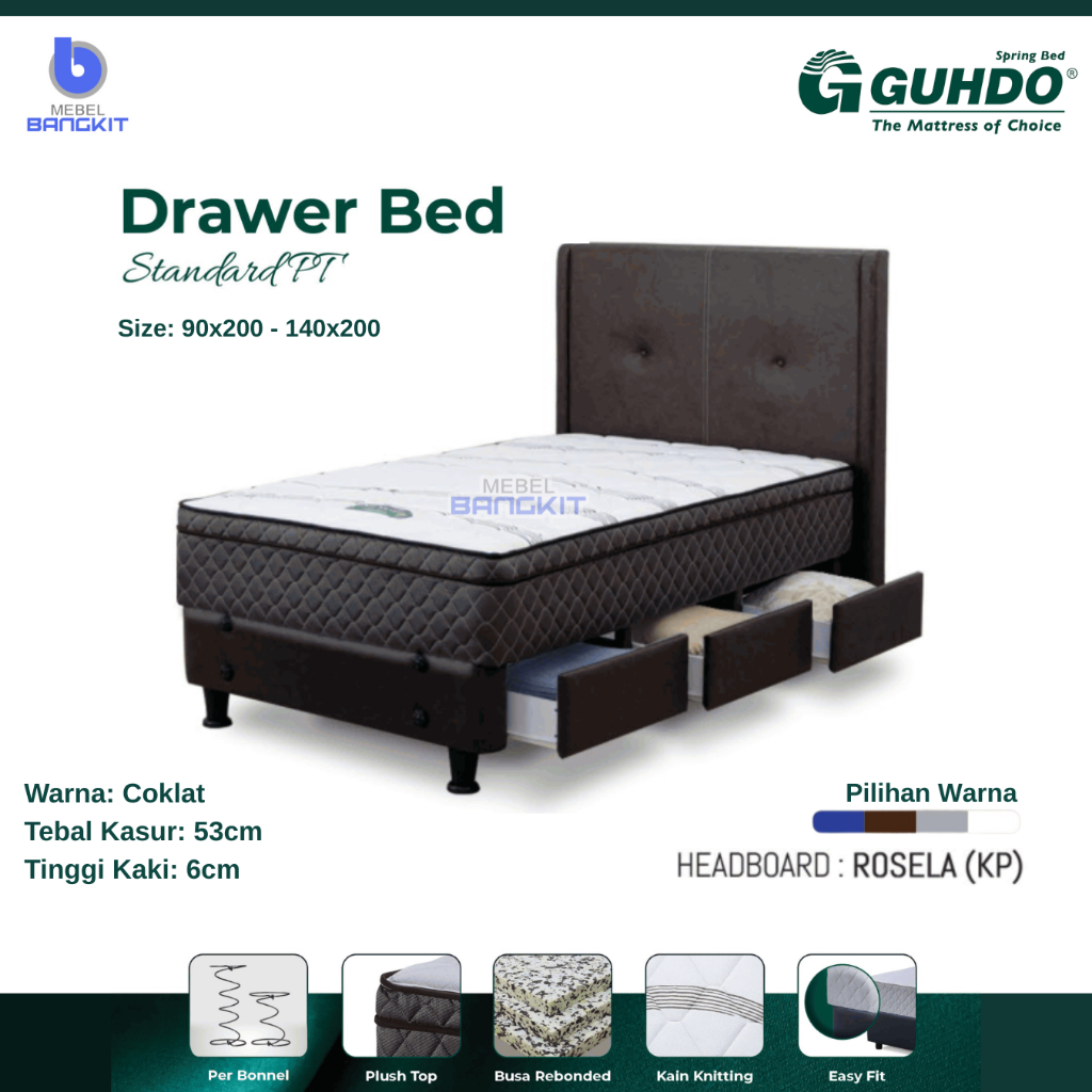 Springbed Guhdo Drawer Bed Standard Plush Top PT SET Divan Laci 3 dan Kasur matras anak 90x200 100x2