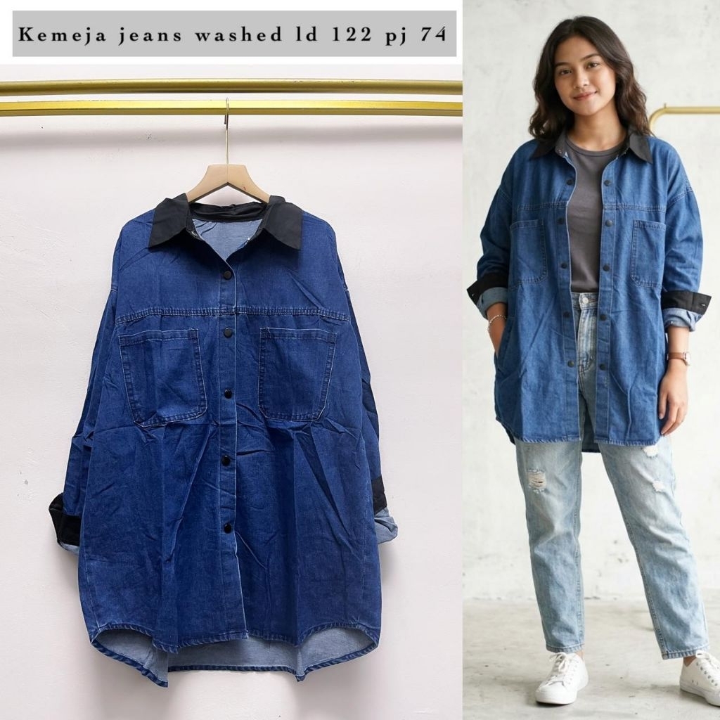 Real pic ORIGINAL dan TERMURAH Kemeja Jumbo Jeans PREMIUM Butik / kemeja Oversize Jeans IMPORT/ Keme