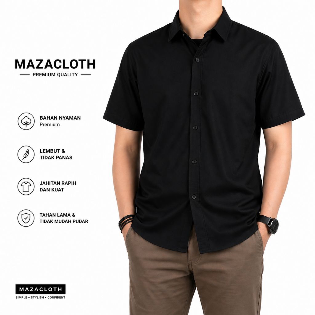 promo hemat kemeja polos pria lengan pendek kain lembut warna hitam dewasa