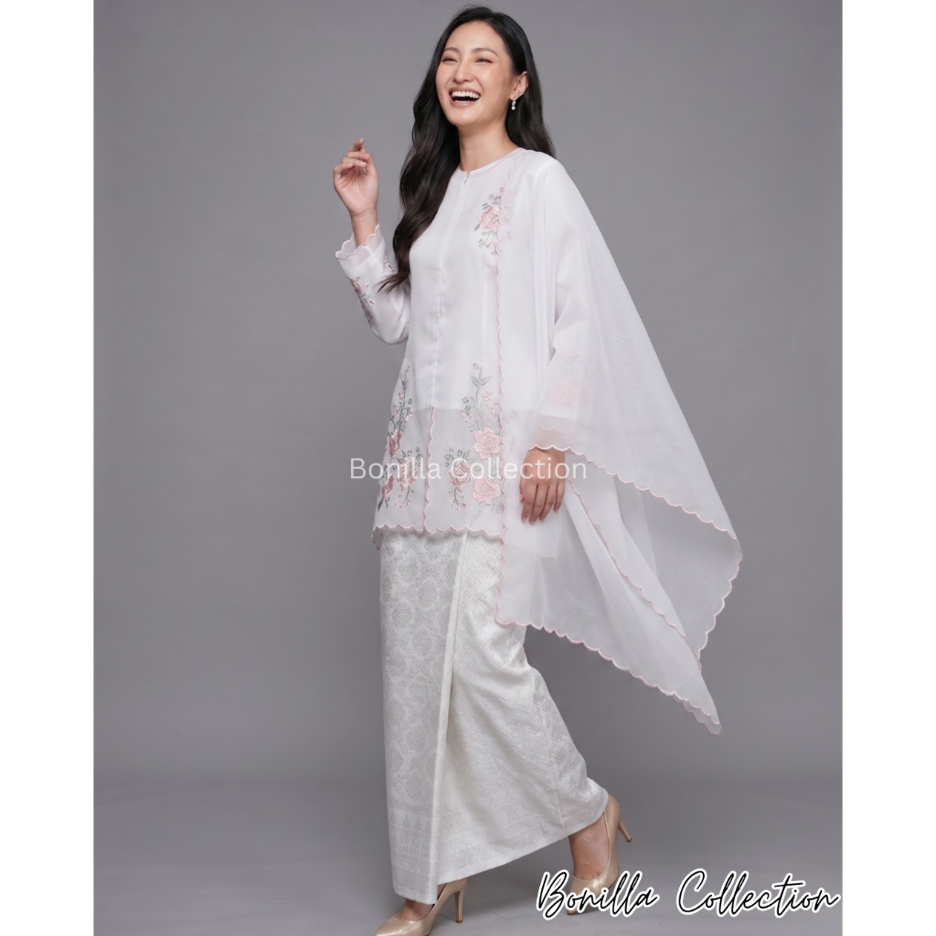 Setelan Kebaya Kurung Organza Nikita Sulam Bunga Premium dan Selendang Organza / Baju Tunik Organza 