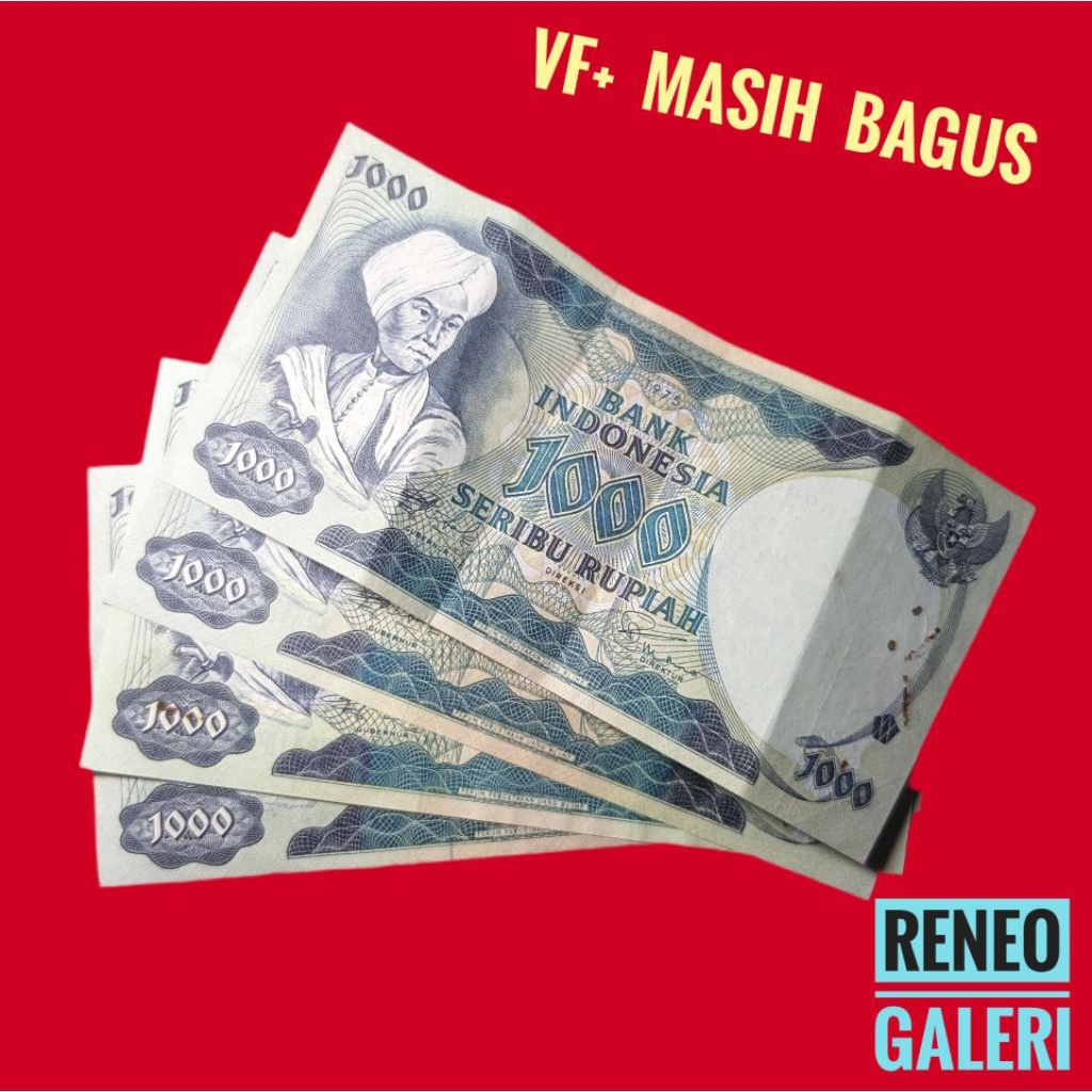 VF+ asli 1000 rupiah Diponegoro Tahun 1975 Rp 1.000 uang kertas kuno duit jadul lawas lama Antik Ind