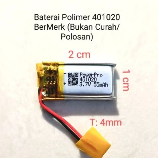Baterai Polimer 401020 3.7V 55 mAh Polymer Batere Lipo Charge Batre
