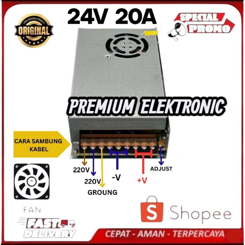 Premium Trafo 20 Ampere 24 Volt Switching Power Supply PSU 24V 20A High Quality, 24 Volt 20 Ampere C