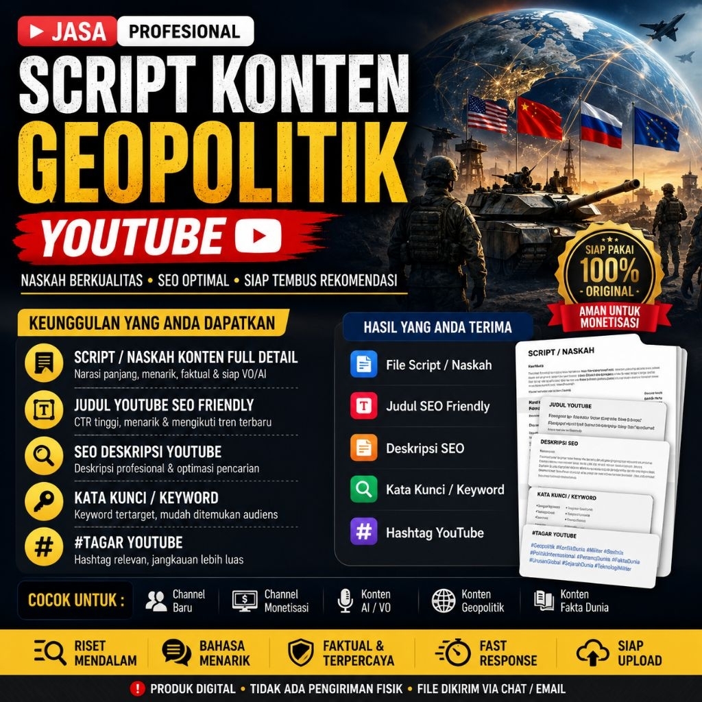 JASA SCRIPT KONTEN GEOPOLITIK YOUTUBE | Naskah SEO Friendly + Judul + Keyword + Hashtag