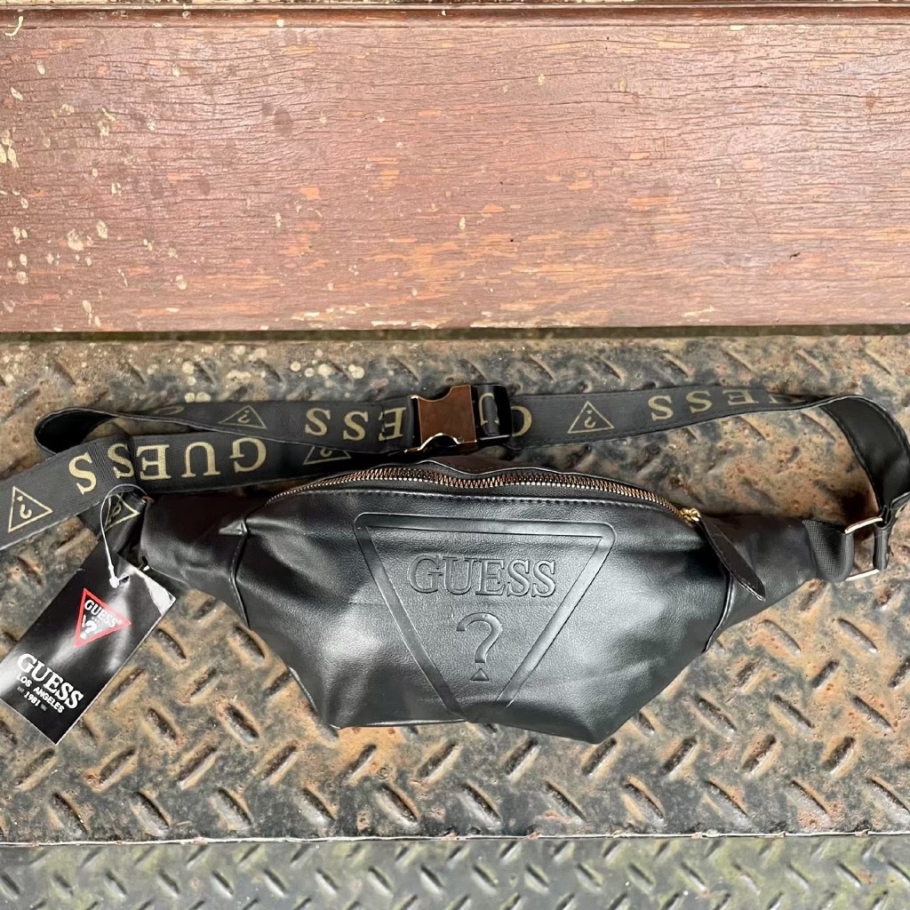 TAS WAISTBAG GUESS SIMPLE LEATHER MODEL ORIGINAL BLACK GOLD BAGS / Tas Pinggang Kulit GUESS Model Hi