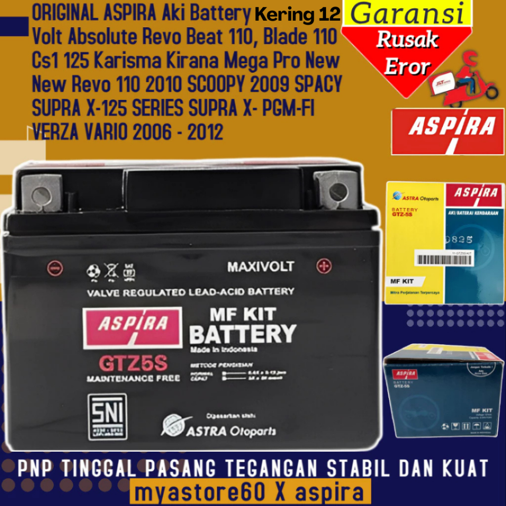 ORIGINAL ASPIRA Aki Kering Aspira 12 V 5 Ah/10 Hr Sepeda Honda ABSOLUTE REVO, BEAT 110, BLADE 110, C