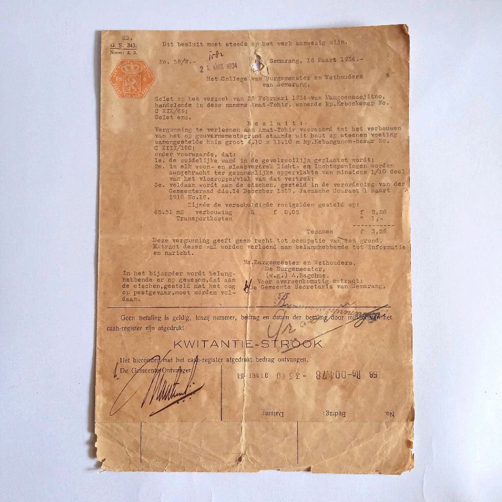 Antik Vintage Dokumen Lama Surat Ijin Resmi Pemerintag Hindia Belanda Untuk Renovasi Rumah/Gedung Se
