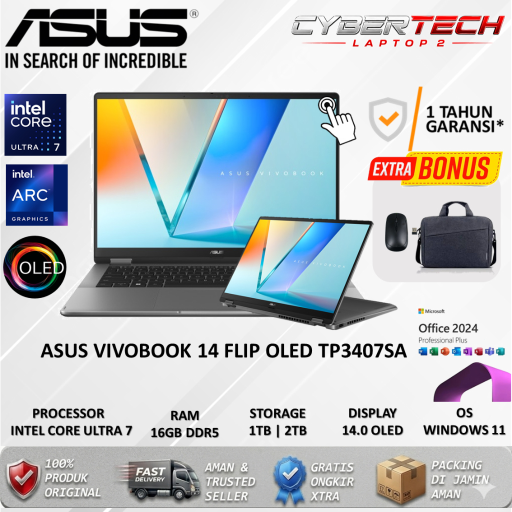Laptop 2In1 Asus Vivobook Flip OLED TP3407SA Intel Core Ultra 7 256 16GB 2TB SSD Wuxga Touchscreen