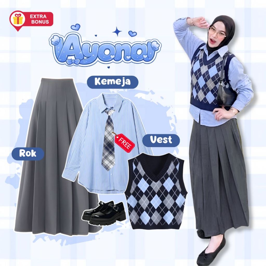 Oneset 3in1 vest rompi rajut diamond kemeja stripe salur rok remple rempel free dasi | outfit setela