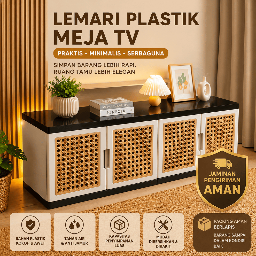 Rak Lemari TV Motif Rotan Serbaguna | Meja TV Minimalis Modern Anti Debu