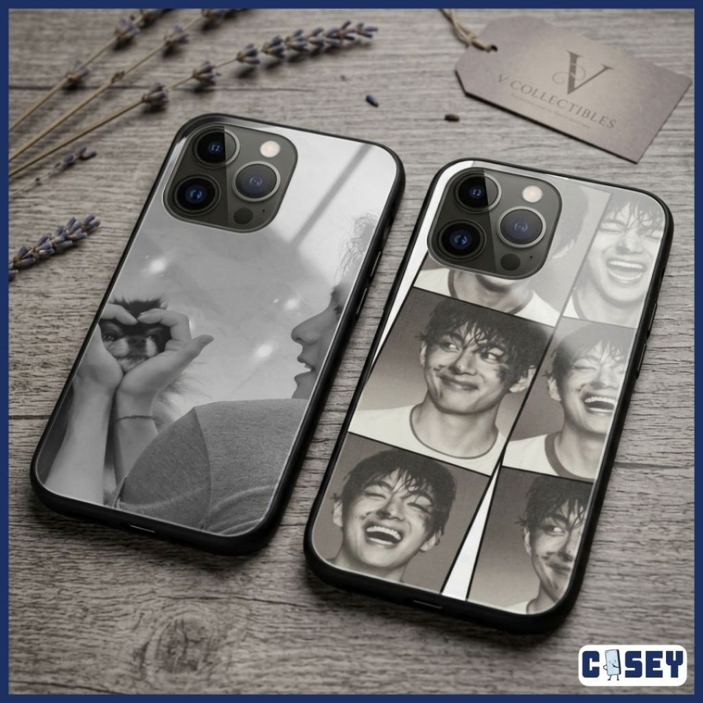 V Taehyung BTS K-Pop OPPO Hybrid Case Glossy Plastic Glass-Covered dan Deep Black Soft Border Gambar