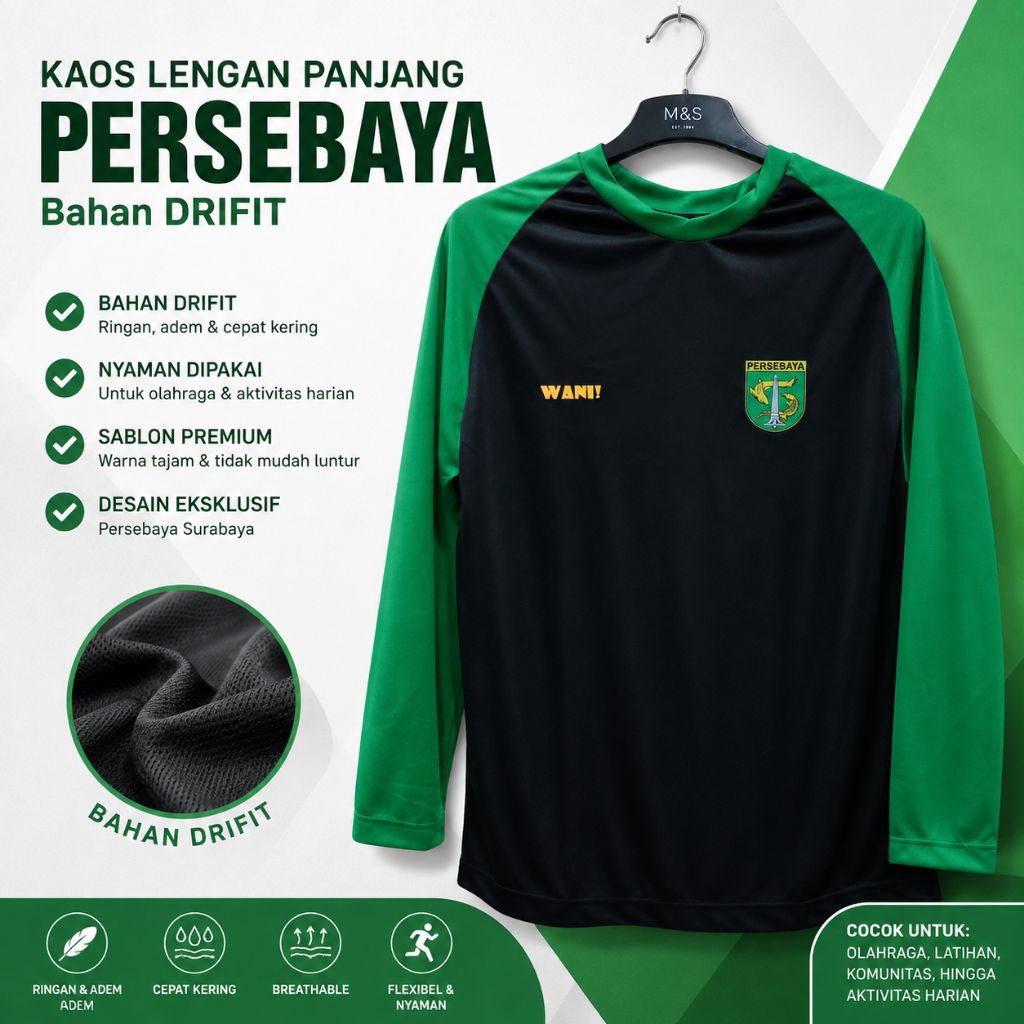 Jersey Drifit Raglan Persebaya Surabaya - Baju Olahraga Raglan Lengan Panjang