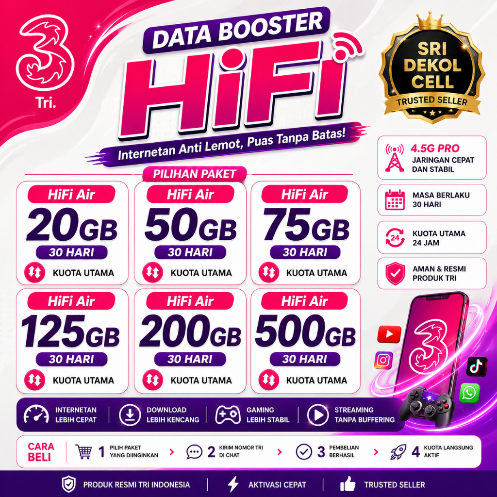 Kuota Tri Data Booster HiFi Air 20GB 50GB 75GB 125GB 200GB 30 Hari – Internet THREE Murah