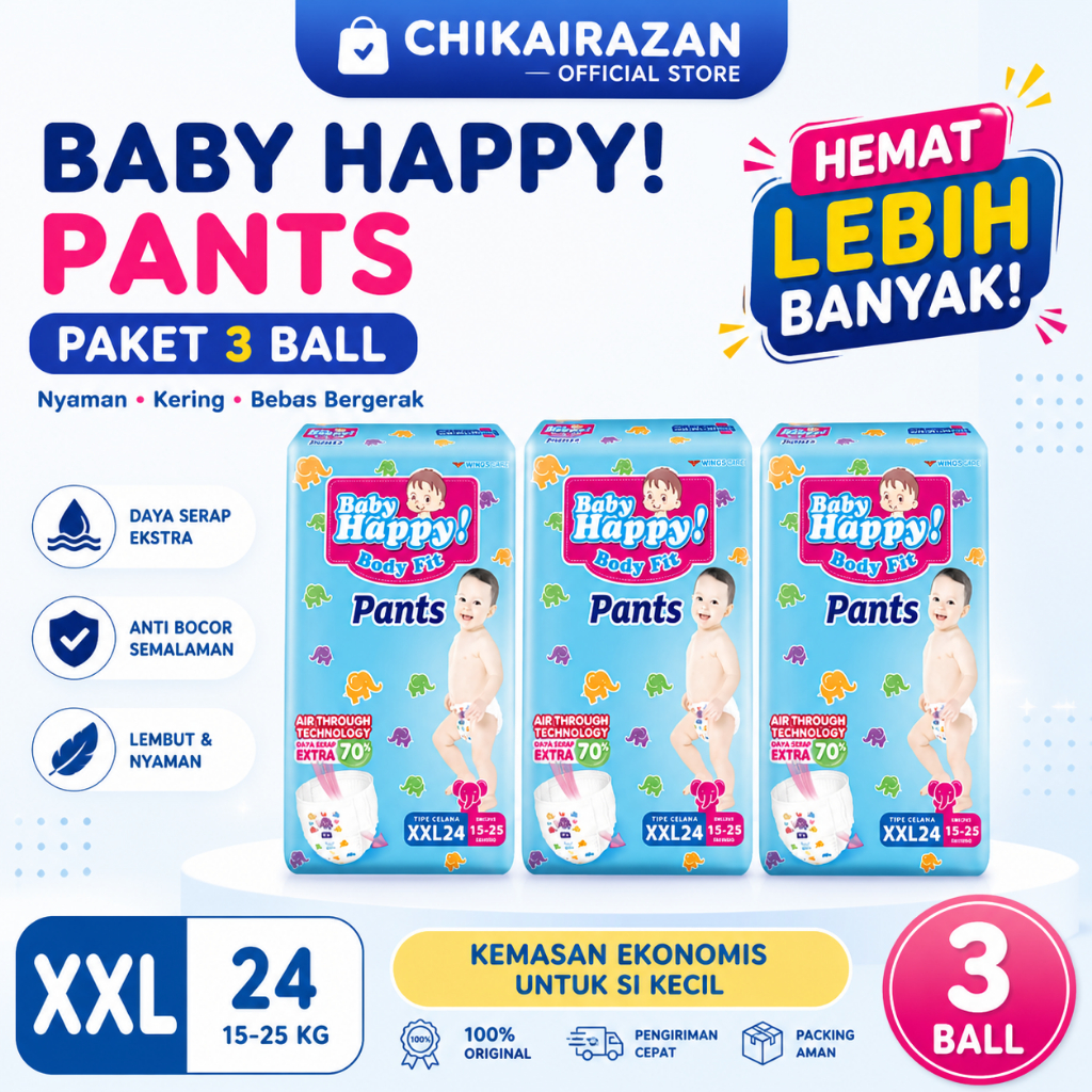 (Paket 3 Ball) Baby Happy Pants Harga Promo Popok Bayi S40 M32 L28 XL26 XXL24