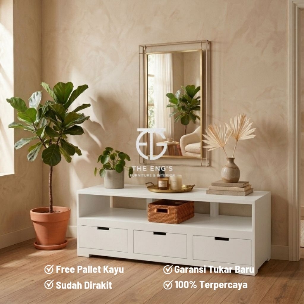 Meja TV Minimalis Modern Plywood - Buffet TV Aesthetic Japandi - Rak Console Meja Kamar Tidur