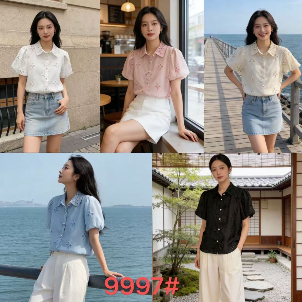 Kemeja Wanita Korea Bordir Bunga Puff Sleeve Lengan Pendek AL9997 - Blouse, Kerah, Korean Style, Imp