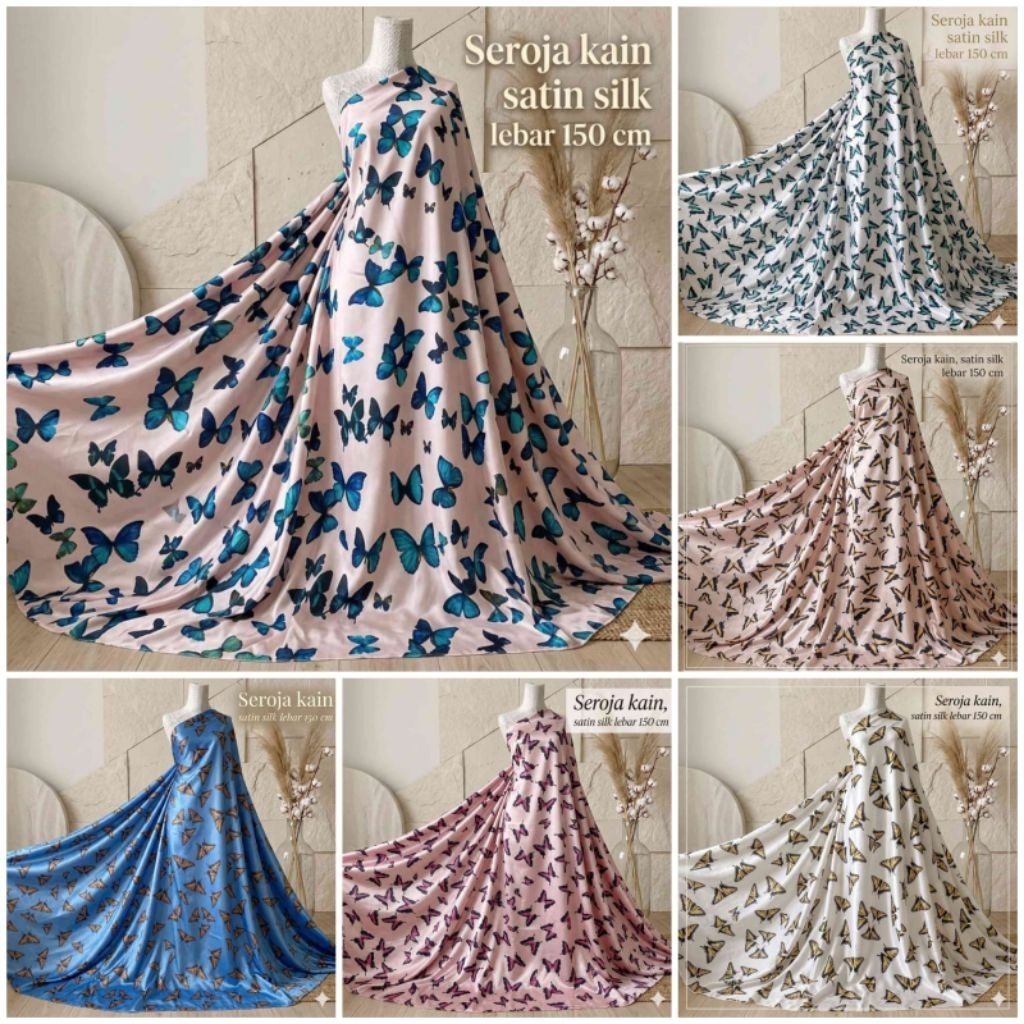 SEROJA - Kain Satin Silk Motif Kupu-Kupu Premium Lebar 150cm / Bahan Gamis Dress Tunik Seroja Kain S