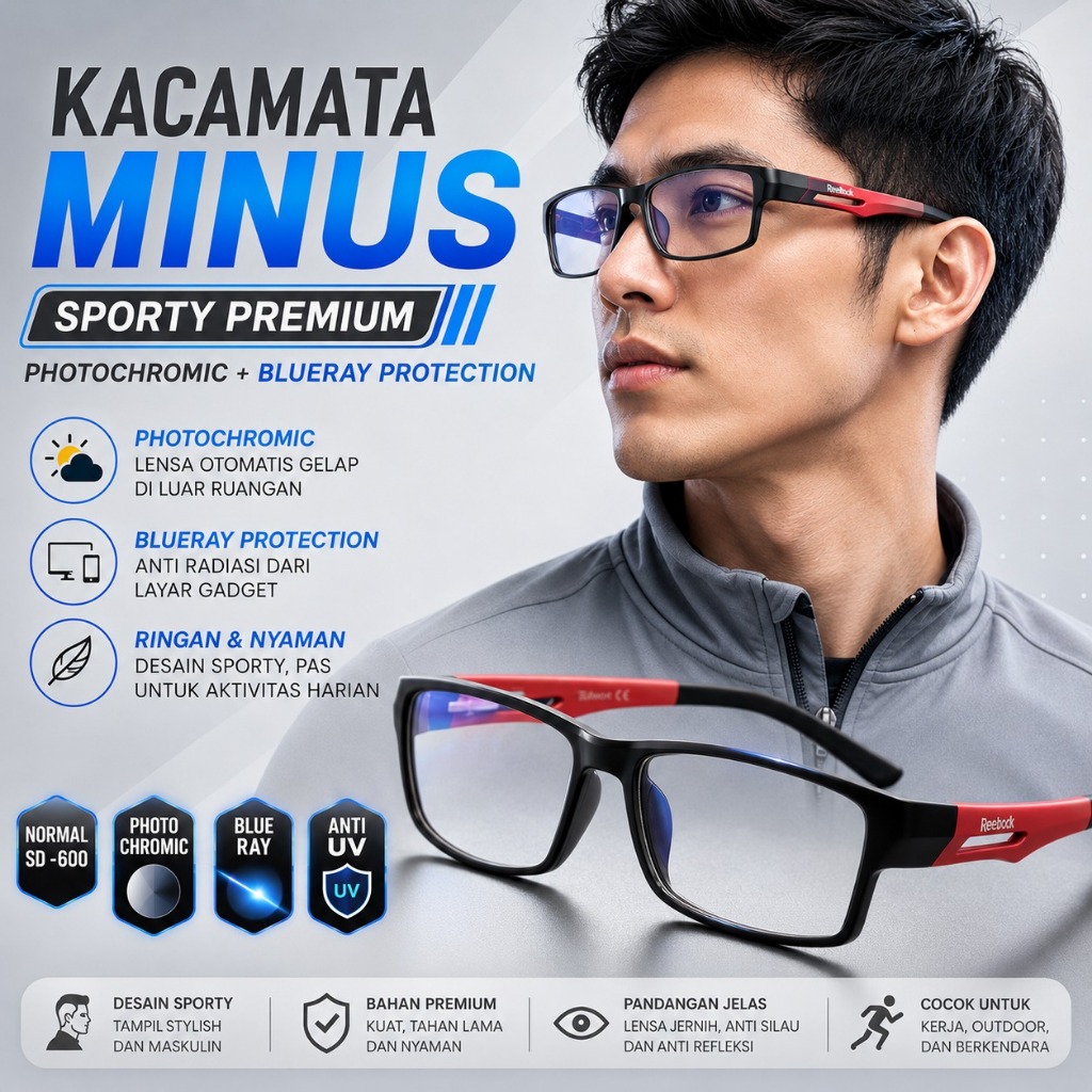 Kacamata Minus Photochromic Blueray Pria SPORTY Original Kaca Mata Mines Cowok Anti Radiasi