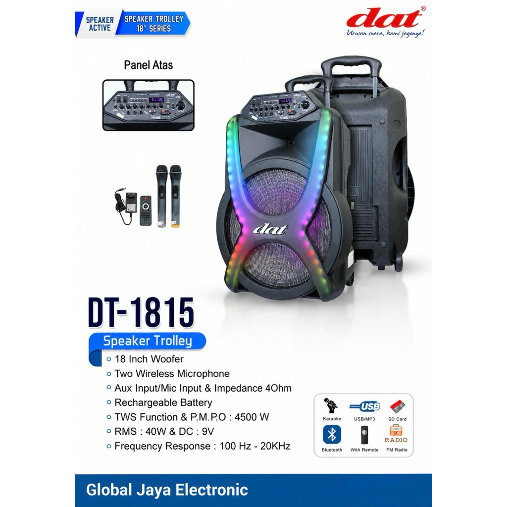 Speaker aktif trolley DAT 18inch DT-1815 / DAT1815 Free 2mic wireless