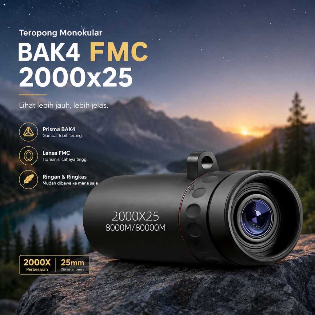 Teropong Mini Monokular Portable HD BAK4 2000x25 Gambar Tajam Anti Silau