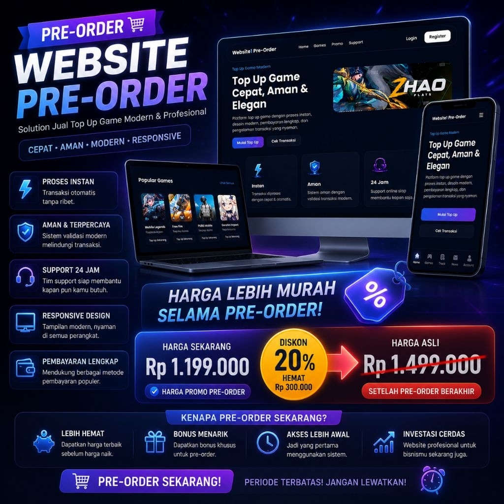 Pre Order Murah | Website Top Up Game Premium Full Source Code | Modern UI Neon | Responsive Mobile 