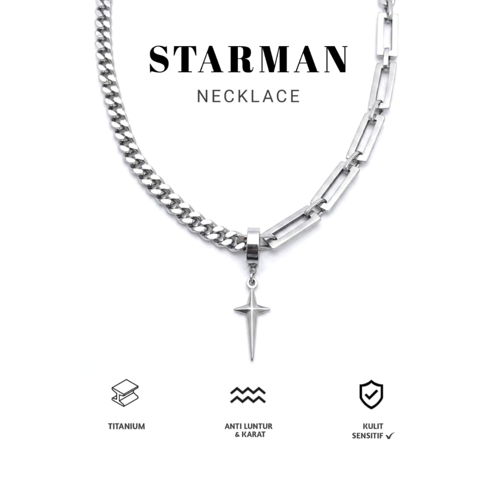 Herauve Kalung Starman Titanium Unisex  Kalung Rantai Silver Titanium Unisex Laki Laki Perempuan