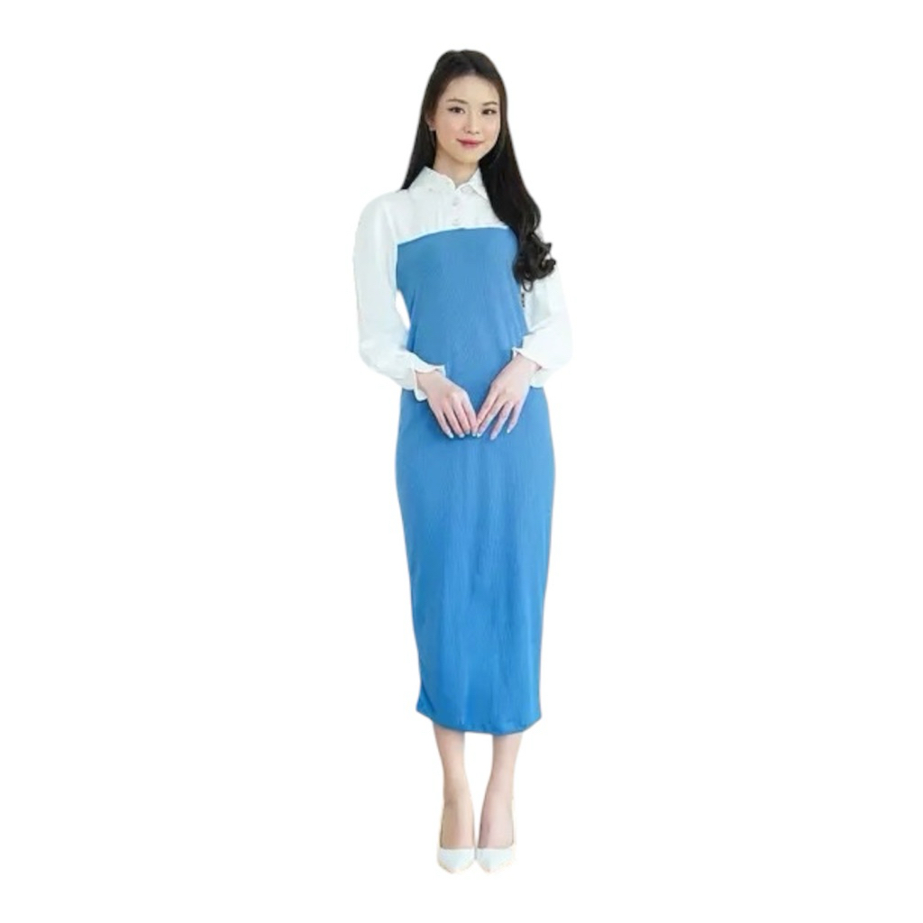 Dress midi kombinasi hitam magenta kerah kemeja