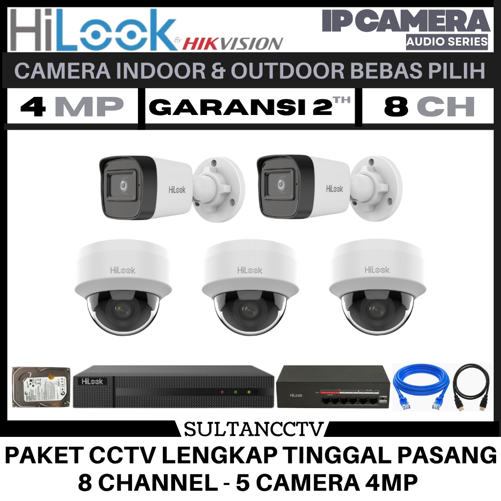 Paket Cctv Hilook 8 Channel 5 Kamera 4mp Ip Camera Audio Series Komplit Pantau HP