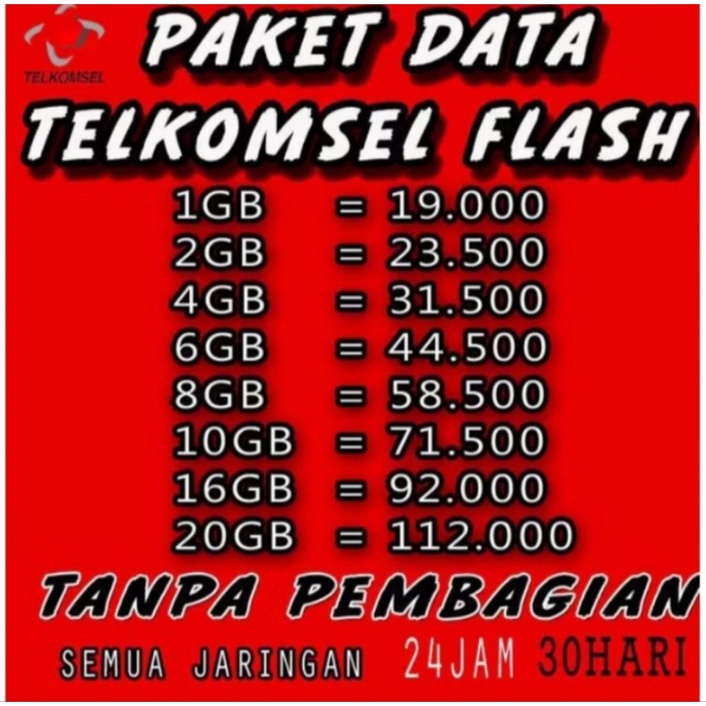 Paket Data Internet Telkomsel Flash Nasional - Kuota Penuh, Semua Jaringan, 30 Hari