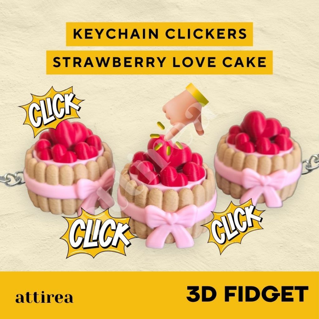 Gantungan Kunci Fidget Clicker - Strawberry Love Cake | Keychain Toys Mainan Kue Hati Cinta Stroberi