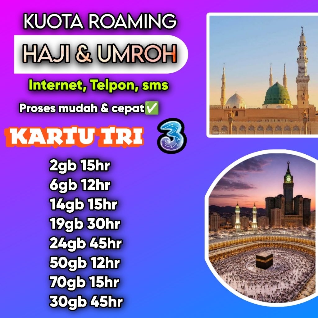 paket kuota internet roaming tri 3 haji dan umroh termurah 12 hari 15hari 30hari 45hari