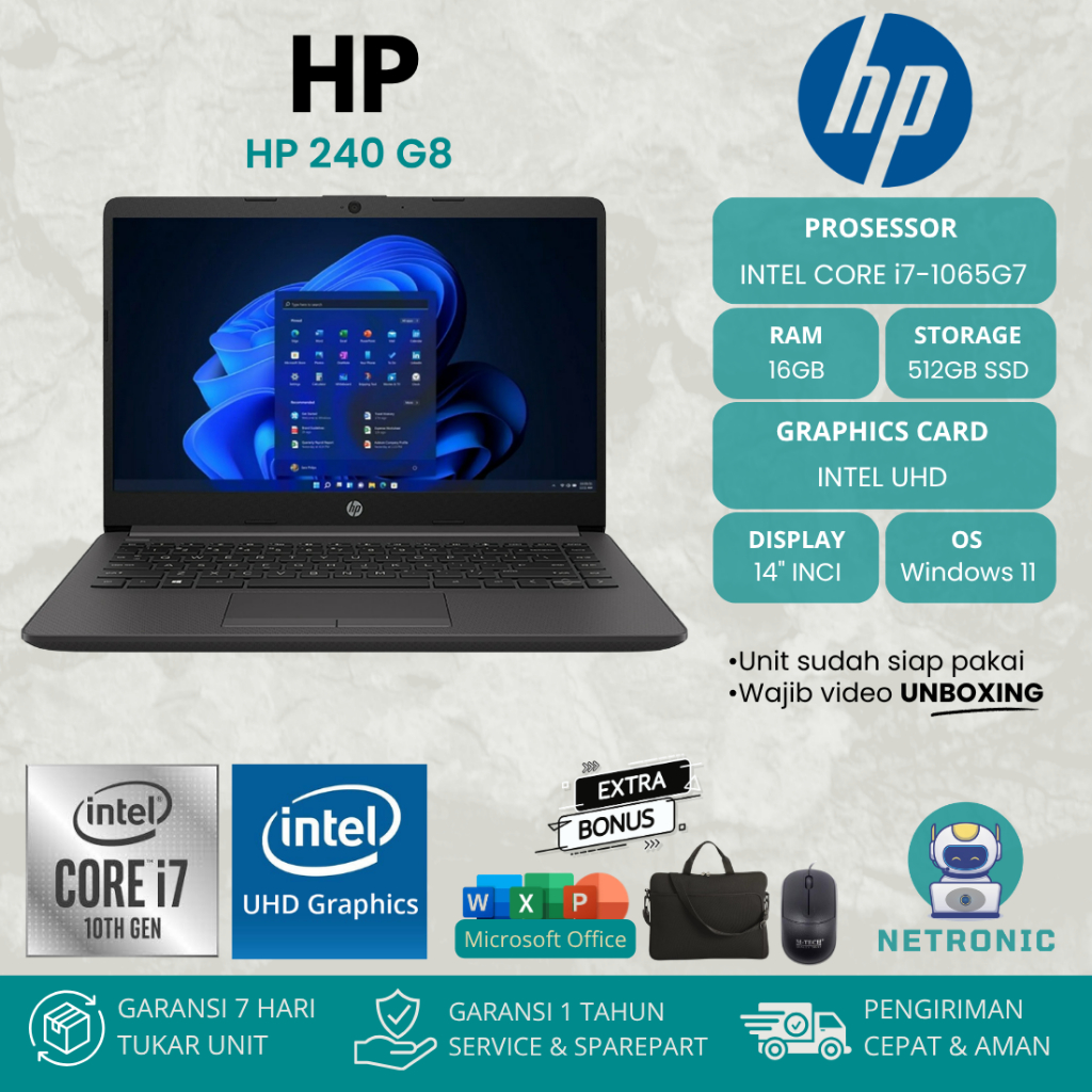 LAPTOP HP 240 G8 INTEL CORE i7-1065G7 RAM 16GB SSD 512GB INTEL UHD 14" WINDWOS 11
